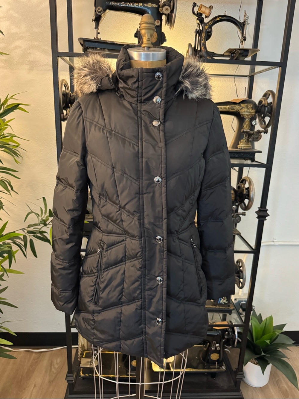 London Fog Black Quilted Hooded Puffer with Faux Fur Trim